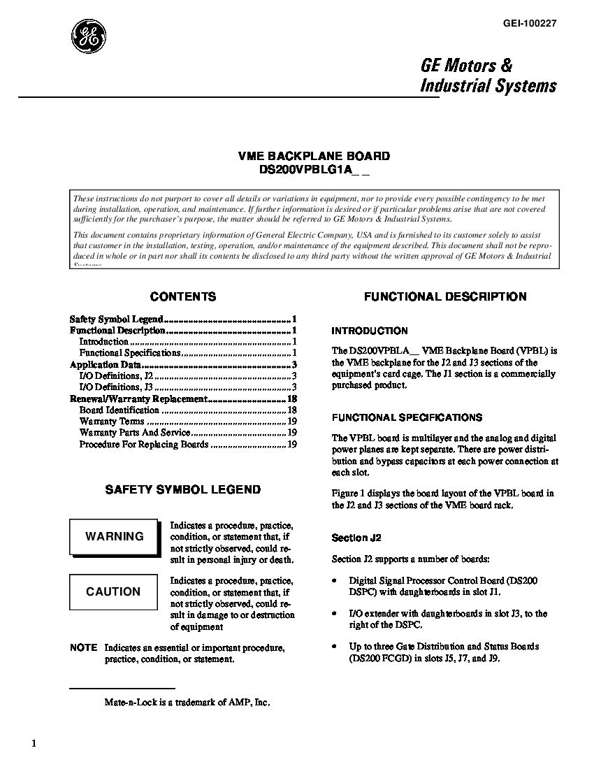 First Page Image of DS200VPBLG1ACC  GEI-100227 VME Backplane Board Application Data.pdf